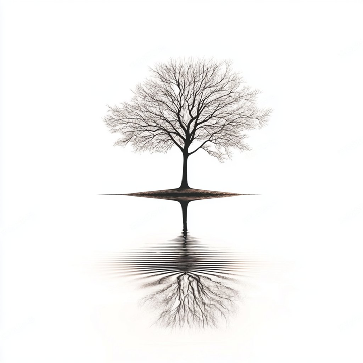 A bare tree mirrored in still water, an exchange reflecting back.