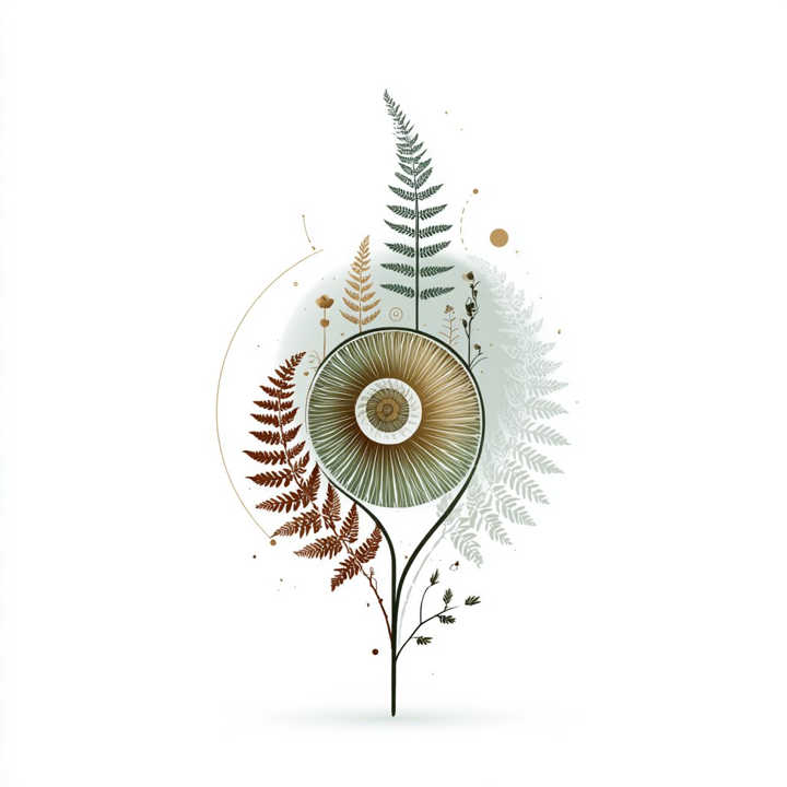 A spiral of leaves and seed-heads in muted sage, rust, and gold.