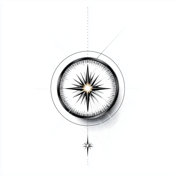 A finely drawn compass, needle finding its bearing.