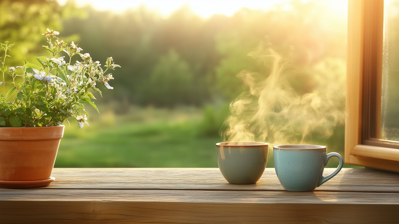 Two steaming cups on a wooden windowsill beside a flowering plant, a green field beyond.