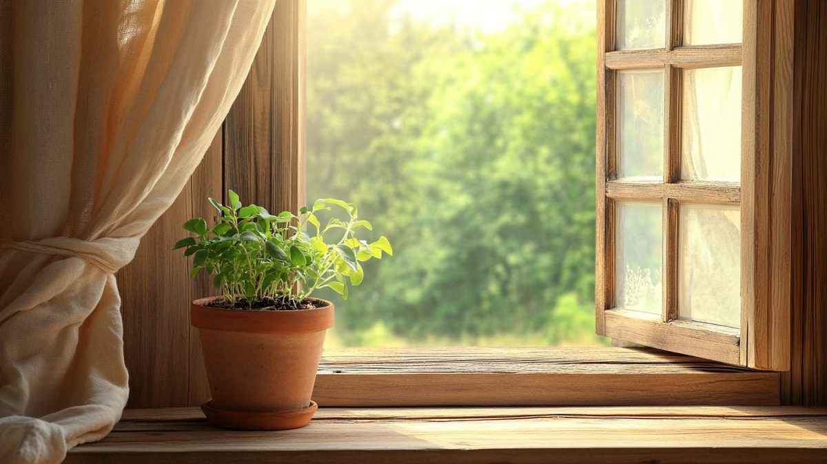 A young potted plant on a sunlit wooden windowsill, an open window looking out to green trees.