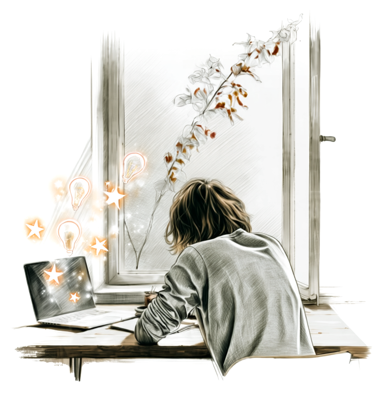 Line drawing of a person seen from behind, writing in a notebook at a table beside an open window. Small glowing lightbulbs and stars rise from a laptop at one side, and a stem of leaves grows in through the window.