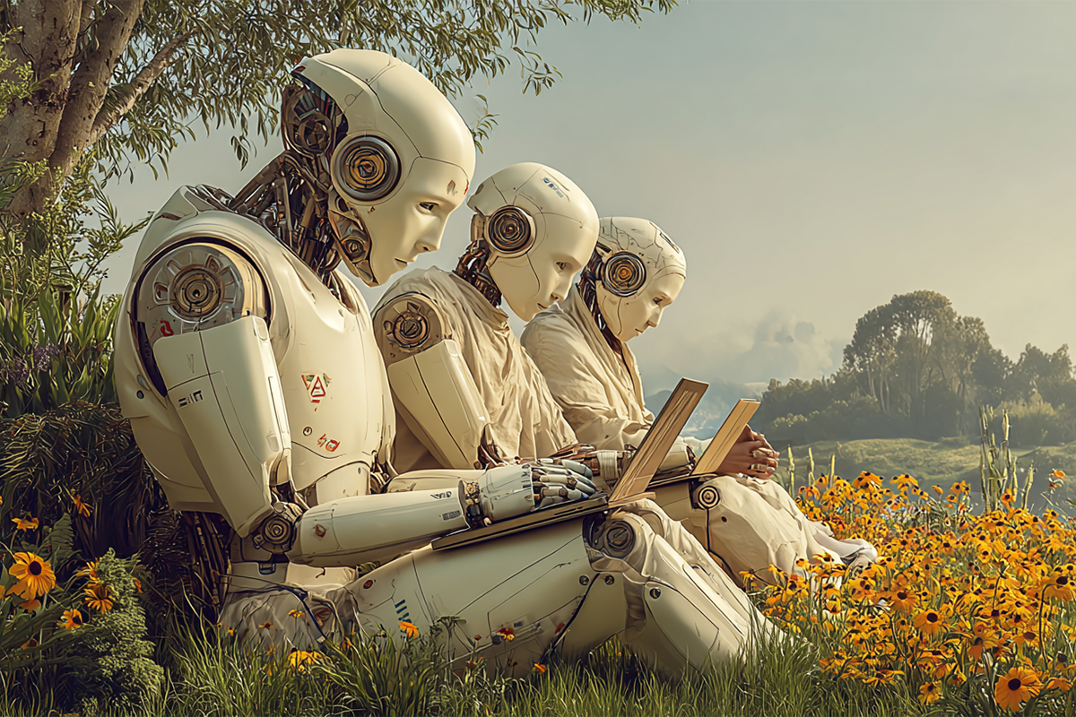 Illustration of AI figures reading together in a wildflower field