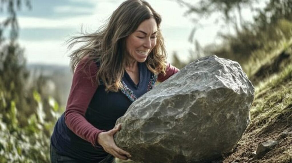 Woman trying to carry a rock that is bigger than her up a hill