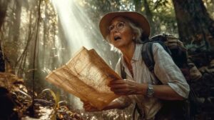 A mature woman looking lost in the woods with a map in her hands