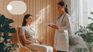A nurse talking to a woman sitting in a chair. Both woman look exactly alike.