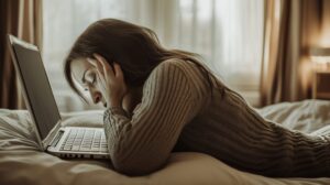 A woman laying on a bed on her stomach with a laptop in front of her