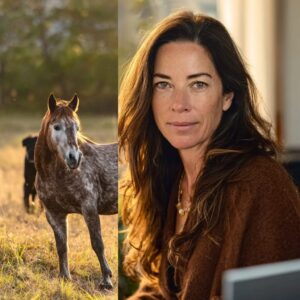 A split image of a woman on the right looking sad in front of a computer with a horse in a field on the left.