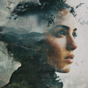 an interpretive image of a woman staring into the distance with birds around her head, a path and words imprinted on her face and hair.