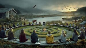 A peaceful outdoor classroom surrounded by a semi-manicured garden. Students sit watching a teacher in a semi-circle amphitheater style setting. Birds fly in the distance. Horses are watching too.