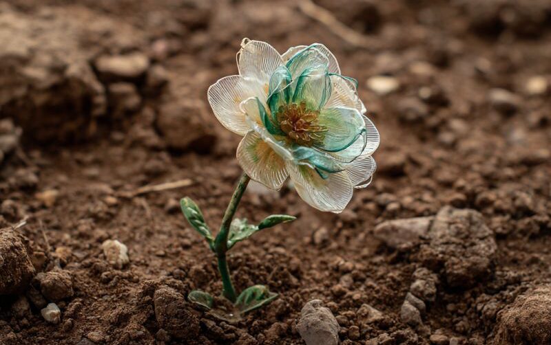 A picture of a plastic flower planted in dirt
