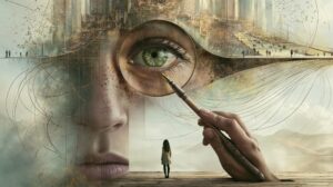 A giant hand painting an eyeball representing understand we create how we see the world